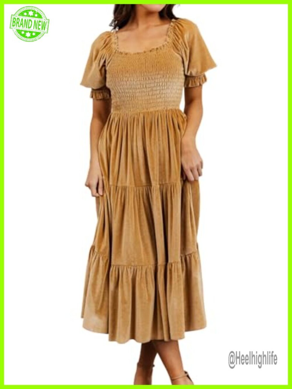 Velvet Midi Dress Puff Sleeve Square Neck Smocked Ruffle A-Line Flowy